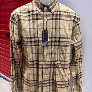 Banana Republic Men's Tan Plaid Button-Down Shirt with Black and Red Accents